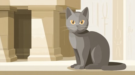 Grey Cat Sitting Calmly Near a Stone Structure in Soft Colors