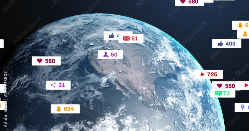 Poster planet earth starting rotating causing notification icons popping visualizing social engagement