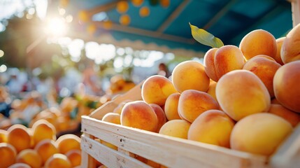 high contrast shot of fresh peaches under sunlight flare, focused foreground with soft dreamy glow, outdoor fruit stand ambiance
