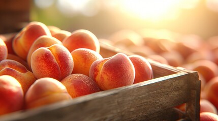 juicy ripe peaches neatly arranged in a wooden crate at an outdoor farmerâ€™s market, soft golden sunlight glowing across the fuzzy skin, blurred background with hints of green fruit, cheerful