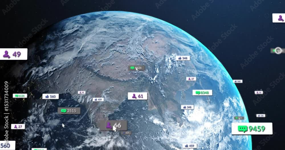 Aufkleber after static globe view metrics icons emerging, floating and fading to visualize global data flow