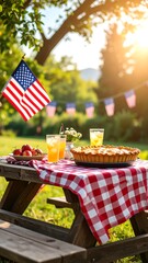A nostalgic summer picnic scene with American flags, pie, and drinks on a checkered cloth outdoors.