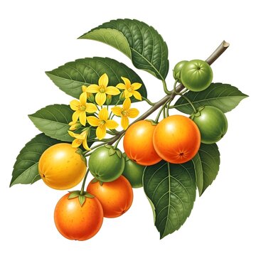 Scientific illustration of Solanum aethiopicum (Gilo) with red-orange round fruits and flowering branch