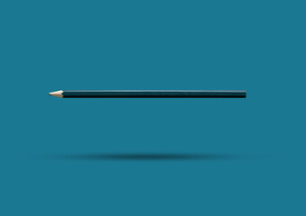 A dark green colored pencil isolated on a blue background, the image looks three-dimensional and the object has a shadow, template for designers.