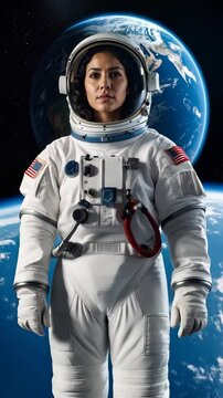 Determined woman astronaut in spacesuit with American flag patch against stunning earth and outer space background