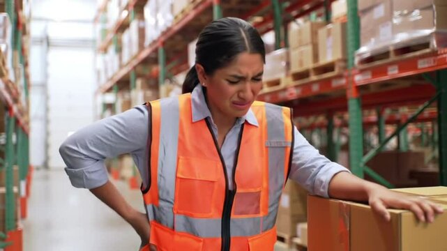 Workplace Injury: Female Warehouse Worker Experiencing Back Pain from Lifting