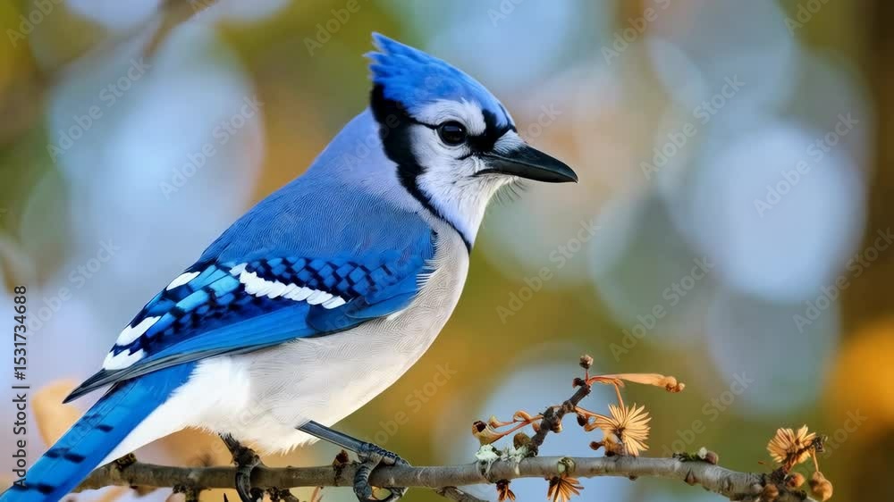 Poster vibrant blue jay perched on a delicate tree branch with bokeh lights in background in a wild open fo