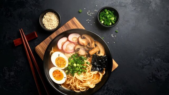 Delicious ramen bowl with noodles, egg, mushrooms, kamaboko, seaweed, and scallions on a black table with chopsticks.