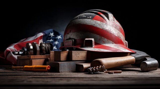 Helmet And Tools With American Flag - Powered by Adobe