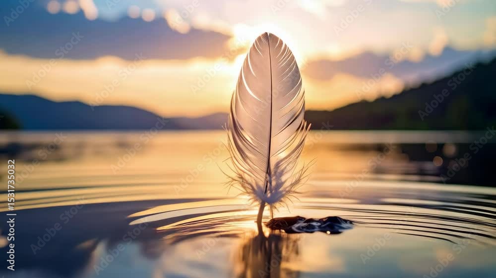 Poster serene scene featuring a white feather gently touching the surface of calm water at dusk, creating c