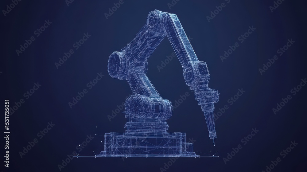 Poster wireframe robotic arm, futuristic industrial automation technology.