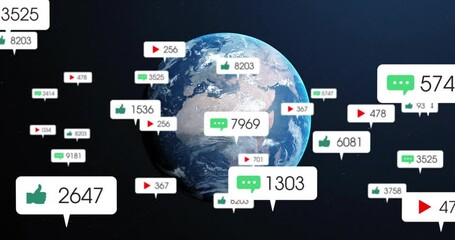 Comment bubble appearing on 3D rotating Earth fueling chat, like and play icons orbiting engagement - Powered by Adobe