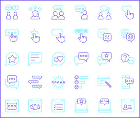 Review And feedback Icon Set. Vector collection of customer, rating, star rating, chat, testimonials, survey, support, communication, sign and element symbols or logo element.
