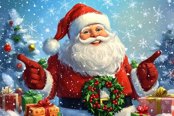 A colorful Christmas scene with Santa Claus pointing at various presents and ornaments on a snowy background.
