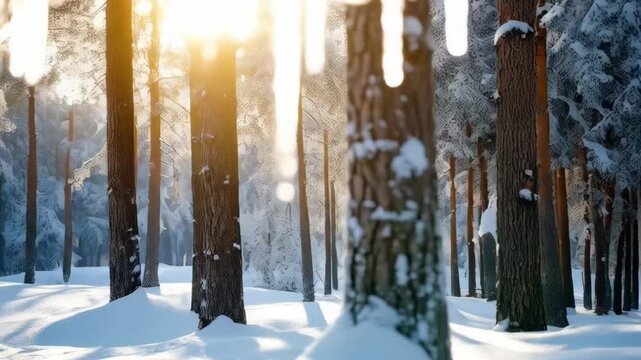 Enchanting winter scene featuring frozen icicles hanging from branches in a snow-covered forest, with sunlight gleaming through trees.