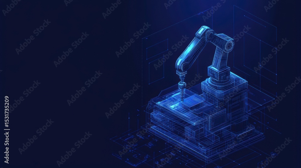 Poster isometric robotic arm performing automated task, futuristic technology concept.
