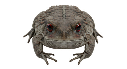 Frontal view of a warty toad with striking red eyes and textured skin