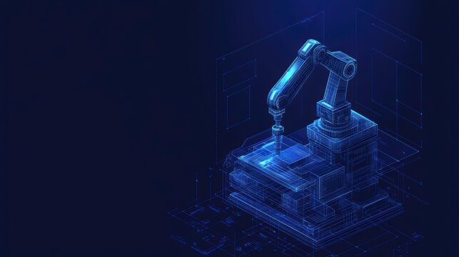 Isometric robotic arm performing automated task, futuristic technology concept.
