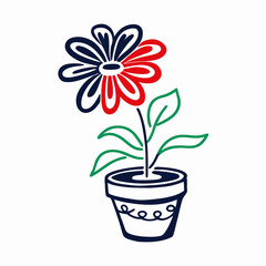 Simple Red and Blue Flower in Pot Drawing