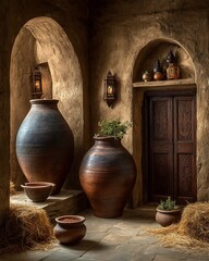 Natural light falling on clay storage vessels high resolution picture