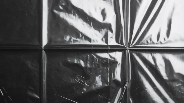 Close-up of a shiny black plastic sheet showing folds and reflections, creating an abstract geometric pattern of squares and lines.