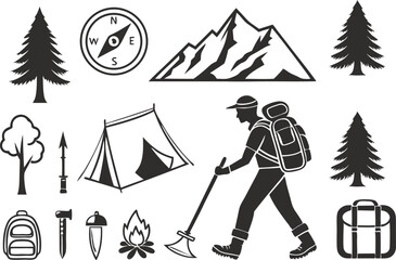 Camping and Hiking Vector Icons and Silhouette Illustration for Outdoor Adventures