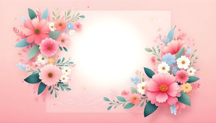 Floral banner with bright flower illustrations framing soft pink background in cheerful springtime composition