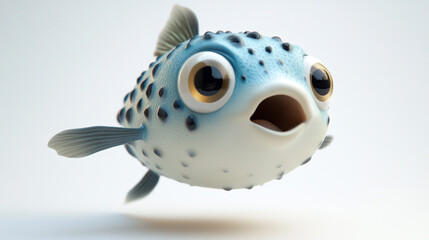 3D Illustration, character Pufferfish with Spikes. A cute, animated pufferfish with spines, suitable for marine life, education, or children's content.