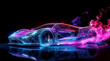Futuristic sports car rendered in vibrant neon colors with smoke trails, reflecting on a dark surface.