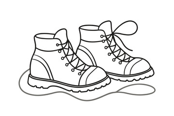 Line art illustration of hiking boots with laces on white background