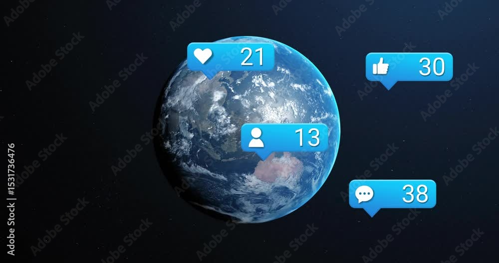 Poster planet earth rotating against space as notification bubbles appearing counting up social metrics