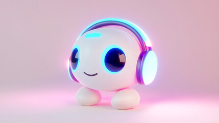 Cute Robot Character With Headphones in Glowing Neon Atmosphere. Adorable robot design with glowing headphones, surrounded by a vibrant neon setting, creating a feel of futuristic creativity and fun.