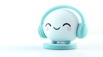 Adorable Spherical Character Wearing Headphones in a Pastel Setting. Perfect for technology, AI, gaming, or children's media themes with a cheerful touch.