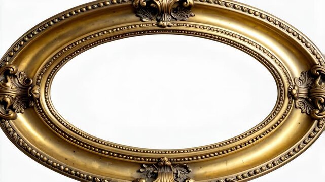 Elegant oval golden picture frame with intricate details against a clean white backdrop