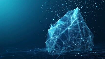 Abstract digital iceberg, polygonal lines, glowing particles, dark blue background.