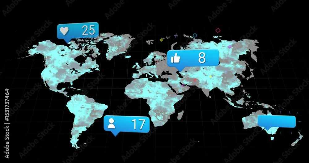 Poster world map fading in triggers notification icons emerging and updating counts visualizing engagement