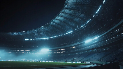 Illuminated Indoor Stadium at Night During a Sports Event. A spacious, modern indoor stadium beautifully lit at night, showcasing its vast structure and ambiance with the field in view.