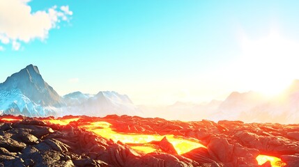 Hot Lava Flow Beneath Snowy Peaks