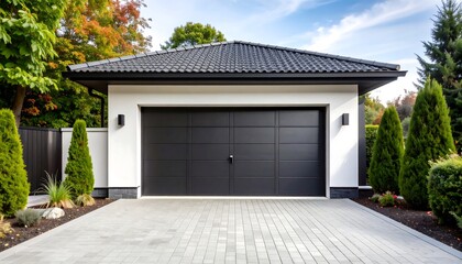 Modern Garage Design: Sleek Black Door, White Walls, and Lush Landscaping