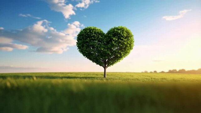Heart shaped tree stands alone in a meadow, blue sky and gentle clouds, peace and tranquility, nature and healthy environment. - Powered by Adobe