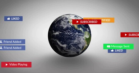 Opening 3D globe rotating, sliding subscribe button, orbiting notifications showing engagement - Powered by Adobe
