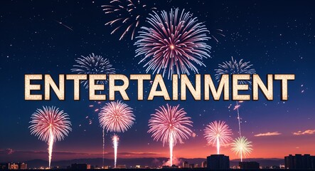 entertainment word lettering on night sky with fireworkds background
