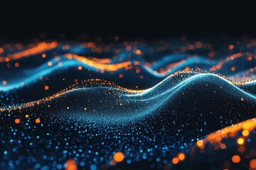 Abstract wavy landscape with blue and orange particles on white background