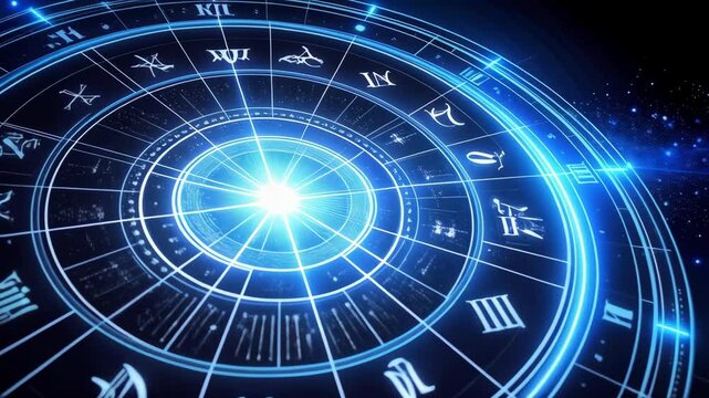 Glowing Zodiac Wheel with Astrological Signs and Roman Numerals in a Dark Cosmic Setting with Sparkles