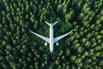 Aerial view of white airplane flying over dense green forest, isolated on white