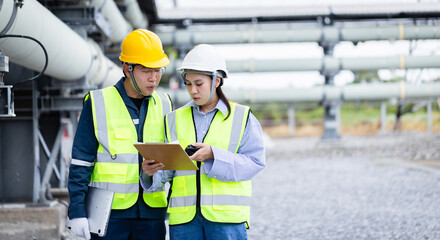 Two engineers are working together at high voltage power substation conducting inspection and check of infrastructure to ensure safety and efficiency in industrial environment