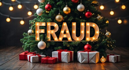 fraud lettering on christmas tree with presents and baubles lights