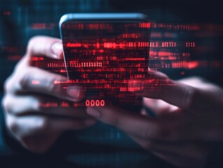 Hands holding smartphone displaying red digital data on white background