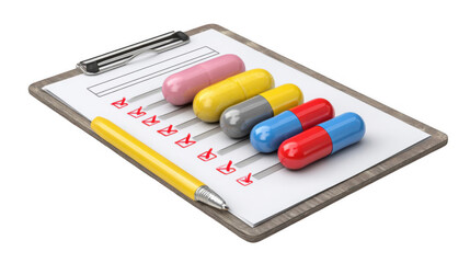 Colorful pills are arranged on a clipboard with a medication checklist and a pen, representing medication management, prescription adherence, and healthcare planning on a transparent background