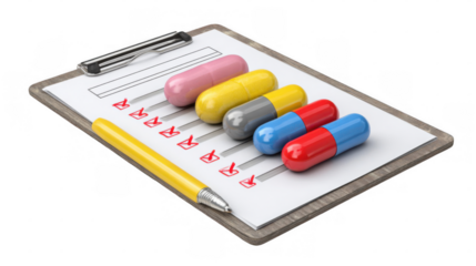 Colorful pills are arranged on a clipboard with a medication checklist and a pen, representing medication management, prescription adherence, and healthcare planning on a transparent background